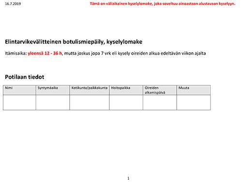 Elintarvikevälitteinen botulismiepäily, kyselylomake.