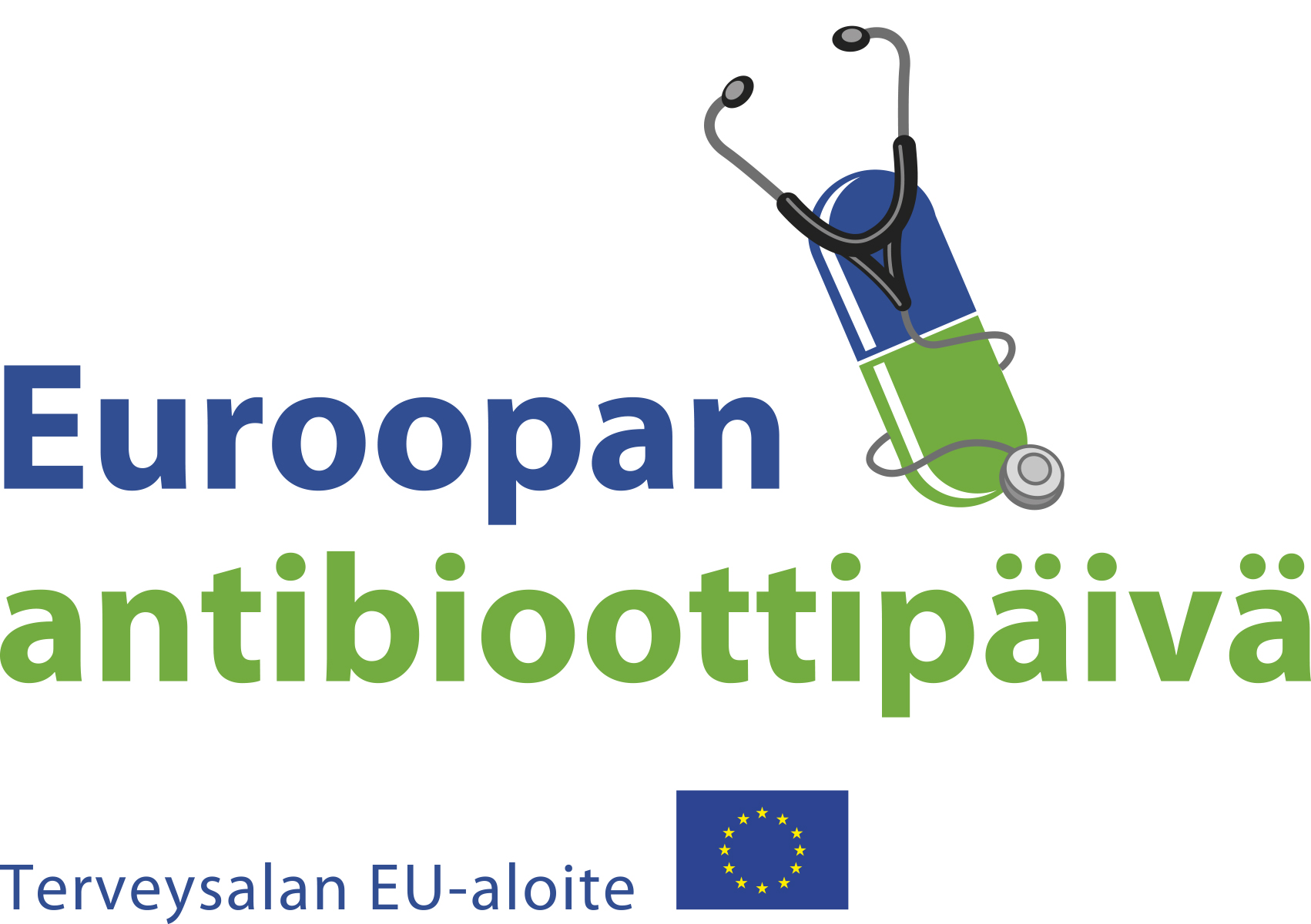 Euroopan antibioottipäivän tunnus. Kuvassa stetoskooppi ja lääkekapseli.