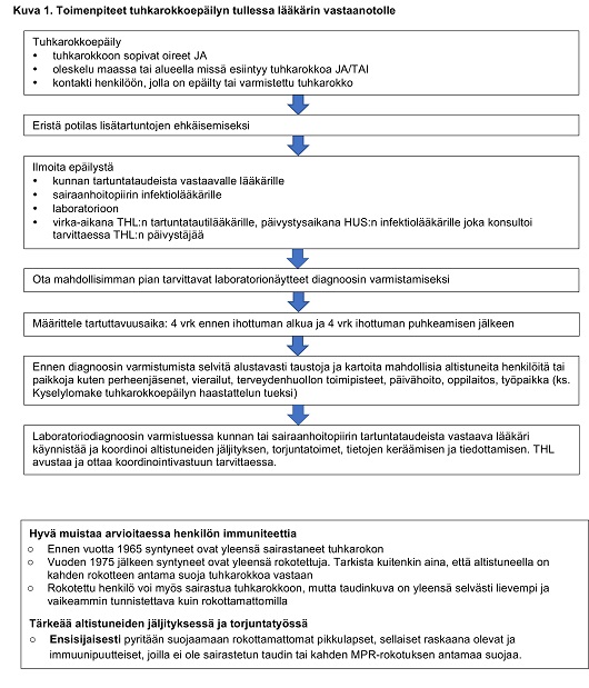Kuva1. Toimenpiteet tuhkarokkoepäilyn tullessa lääkärin vastaanotolle.