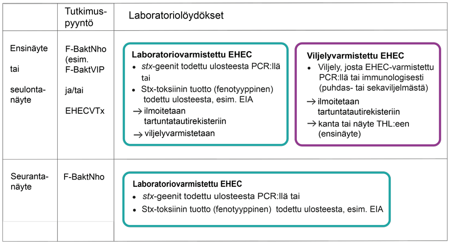 EHEC-tutkimuspyynnöt, laboratoriotutkimukset ja löydösten tulkinta, sisältö kerrottu tekstissä.