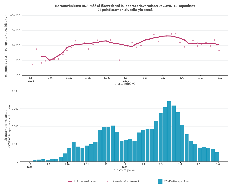 Jätevedenpuhdistamoilta kerättyjen näytteiden yhteenlasketut koronaviruksen RNA-kopioiden lukumäärät ovat olleet varsin yhdenmukaisia varmistettujen koronavirustartuntojen lukumäärän kanssa ajanjaksolla 3.8.2020-31.5.2021.