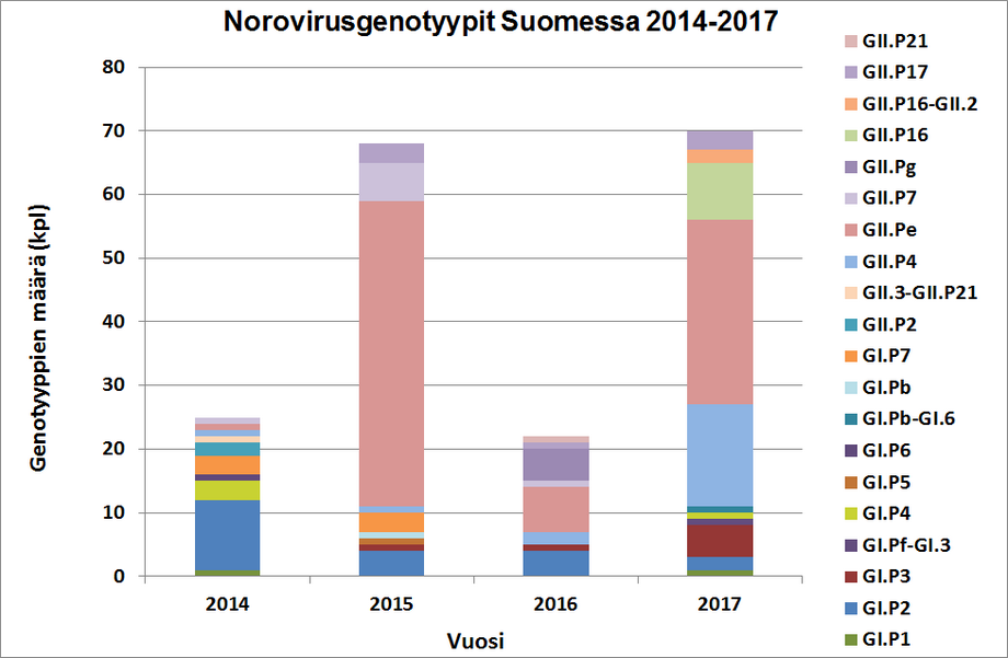 Norovirusgenotyypit Suomessa vuosina 2014-2017.