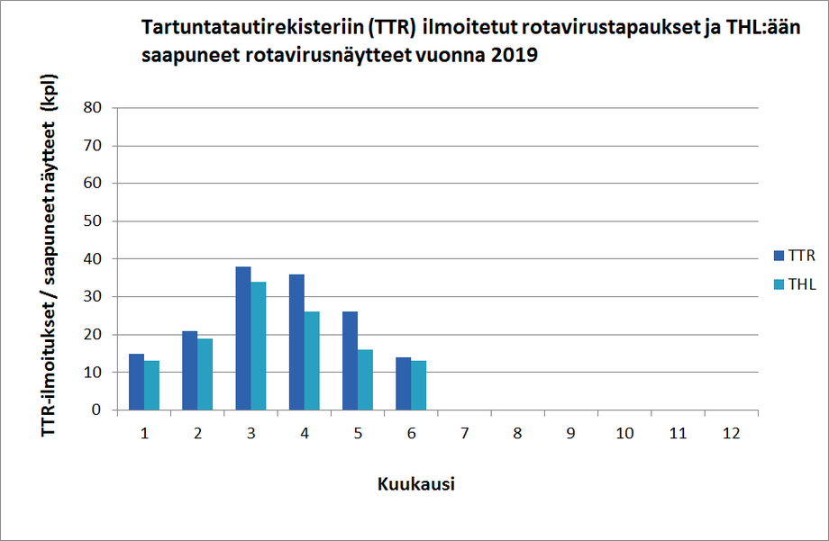 Tartuntatautirekisteriin ilmoitetut rotavirustapaukset ja Terveyden ja hyvinvoinnin laitokseen saapuneet rotavirusnäytteet vuonna 2019. Tieto löytyy tekstistä.
