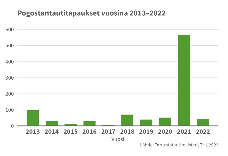 Pogostantaudin raportoidut tapaukset vuosina 2013–2022. Pogostantaudin tapausmäärät ovat vaihdelleet vuosien 2013 ja 2020 aikana 8:n ja 99:n tapauksen välillä. Vuonna 2021 tapauksia raportoitiin 566 ja vuonna 2022 46.