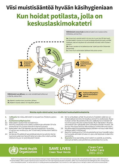 Viisi muistisääntöä hyvään käsihygieniaan kun hoidat potilasta, jolla on keskuslaskimokatetri.