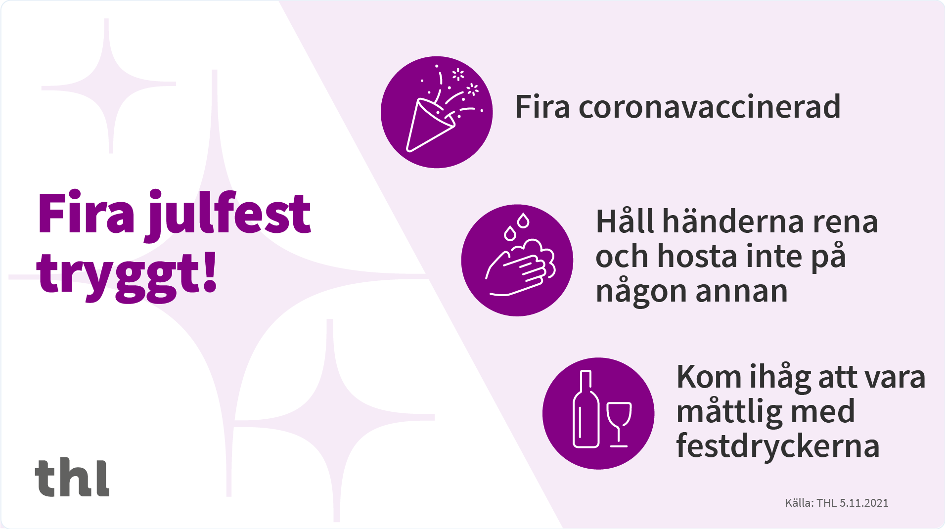 Fira julfest tryggt: fira coronavaccinerad, håll händerna rena och hosta inte på någon anna och kom ihåg att vara måttlig med festdryckerna.