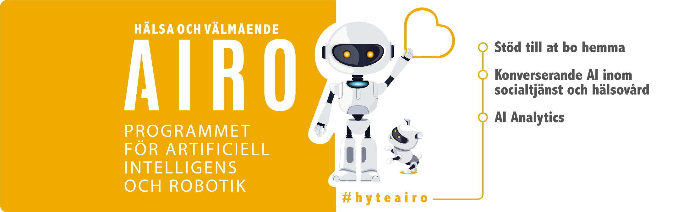 Hälsa och värmående AiRo programmet för artificiell intelligens och robotik: Stöd till at bo hema, konverserande AI inom socialtjänst och hälsovård, AI analytics.