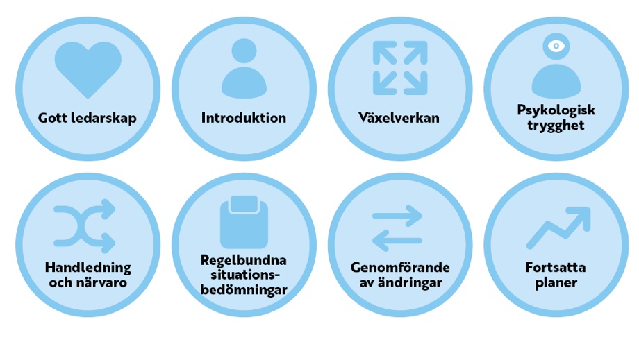Gott ledarskap, Introduktion, Växelverkan, Psykologisk trygghet, Handledning och närvaro, Regelbundna situationsbedömningar, Genomförande av ändringar, Fortsatta planer: En ny arbetstagare i huset.