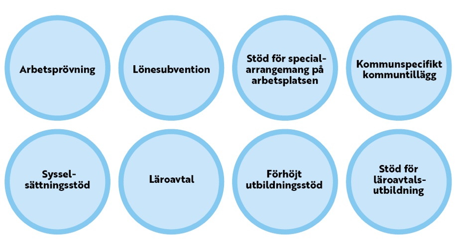 Arbetsprövning, Lönesubvention, Stöd för specialarrangemang på arbetsplatsen, Kommunspecifikt kommuntillägg, Sysselsättningsstöd, Läroavtal, Förhöjt utbildningsstöd, Stöd för läroavtalsutbildning: Stödpaket för anställning av en arbetstagare.