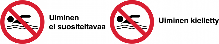 Uiminen ei suositeltavaa ja uiminen kielletty -symbolit.