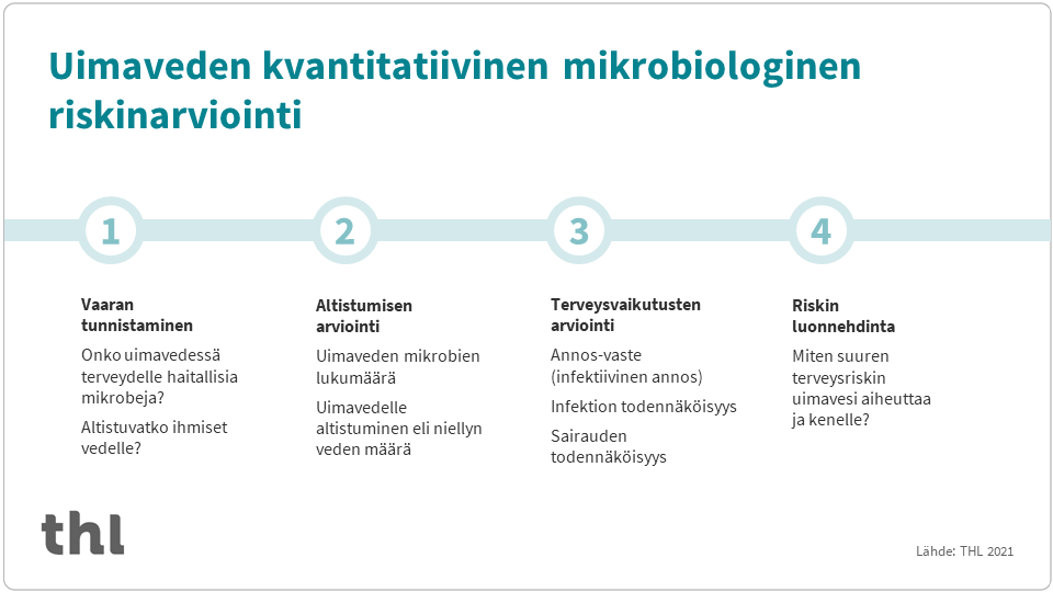 Infograafi, joka kuvaa uimaveden kvantitatiivisen mikrobiologisen riskinarvioinnin vaiheita: 1. Vaaran tunnistaminen, eli onko uimavedessä terveydelle haitallisia mikrobeja tai altistuvatko ihmiset, 2. Altistumisen arviointi, eli uimaveden mikrobien lukumäärän ja niellyn veden määrän arviointi, 3. Terveysvaikutusten arviointi eli annos-vasteen (infektiivisen annoksen), infektion todennäköisyyden ja sairauden todennäköisyyden arviointi, 4. Riskin luonnehdinta eli johtopäätösten teko siitä, miten suuren terveysriskin uimavesi aiheuttaa ja kenelle.