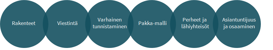 Kuva, jossa kuuden pallon sisällä lukee painopistealueet, eli rakenteet, viestintä, varhainen tunnistaminen, Pakka-malli, perheet ja lähiyhteisöt, asiantuntijuus ja osaaminen.