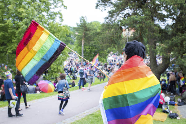 En person klädd i regnbågsflagga står i Pride-evenemanget med ryggen mot kameran.