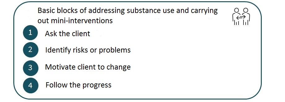 Basic blocks of addressing substance use and carrying out mini-interventions.