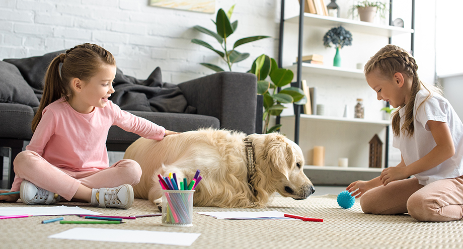 Children playing with a dog on a mat.