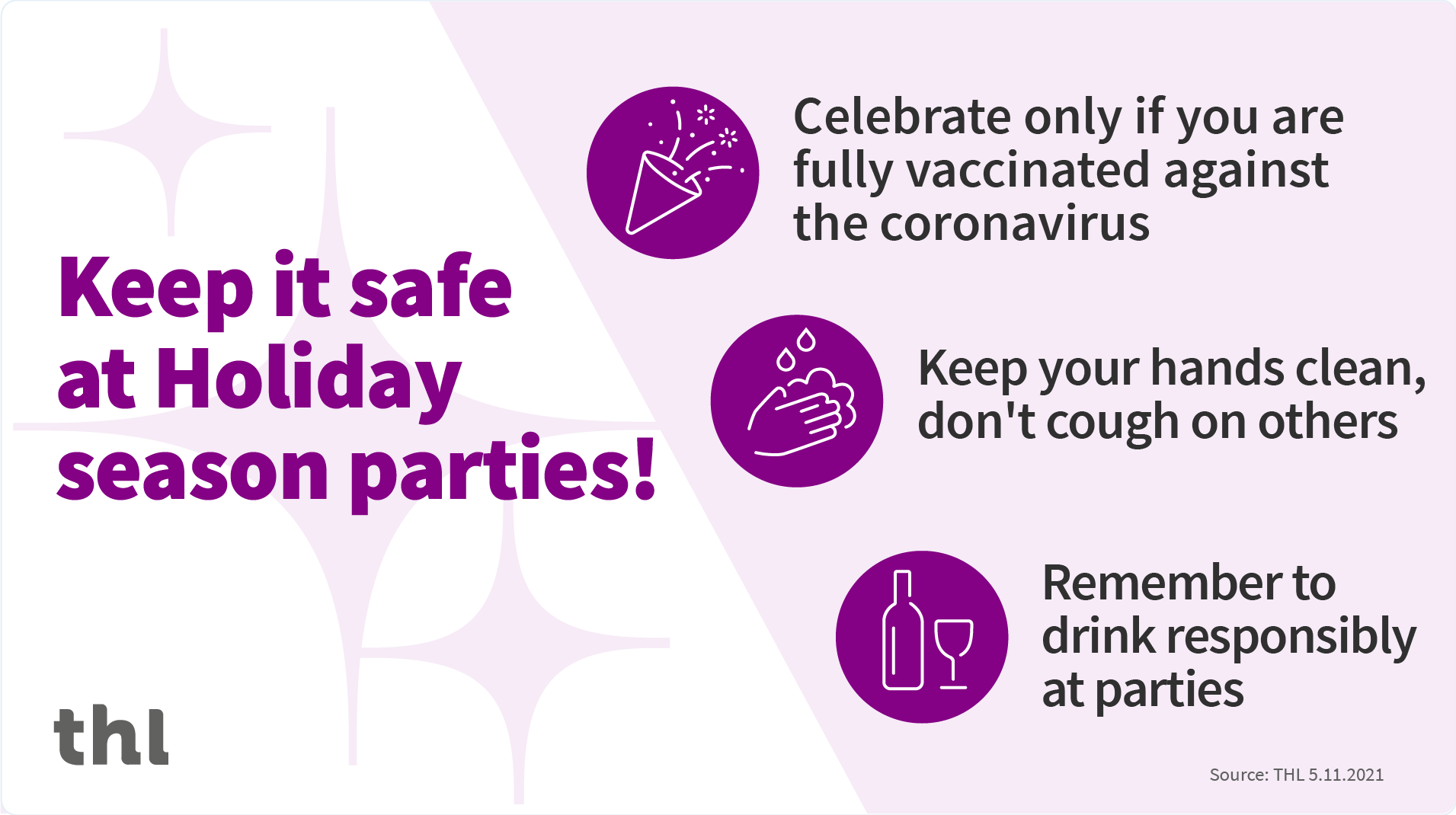 Keep it safe at Holday season parties by getting vaccinated, keeping your hands clean, not coughing on others and drinking responsibly.  