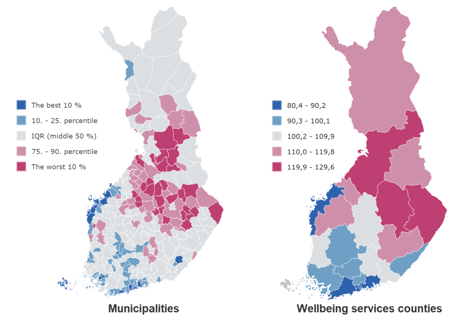 Figure 1. Morbidity index in municipalities and wellbeing services counties in 2017-2019.