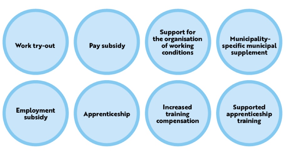 Support package for hiring a worker in Finland: Work try-out, Pay subsidy, Support for the organisation of working conditions, Municipality-specific municipal supplement, Employment subsidy, Apprenticeship, Increased training compensation, Supported apprenticeship training.
