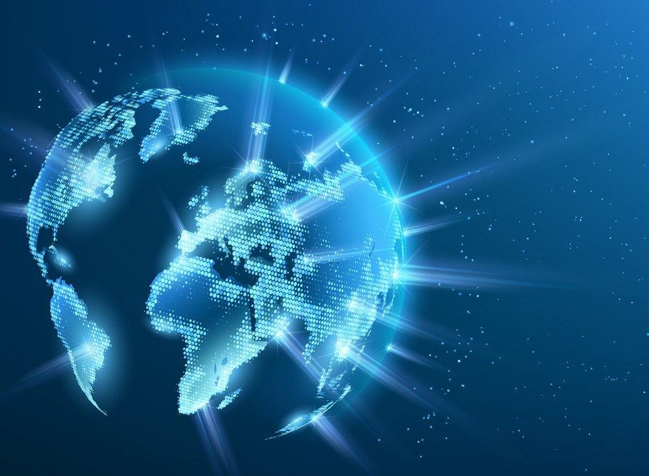 A blue image of the globe with lines shining out of it.