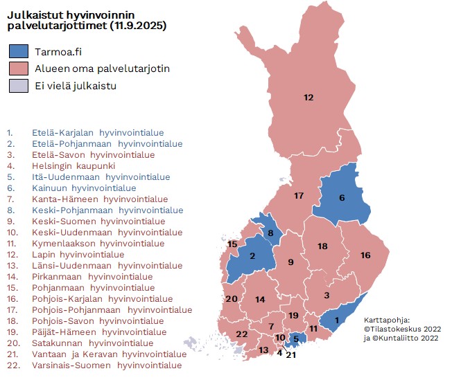 Kuvassa Suomen kartta, johon merkattu sinisellä Tarmoa-palvelun käyttöönottaneet alueet ja punaisella omia palvelutarjottimia käyttöönottaneet alueet. Muut alueet näkyvät harmaalla.