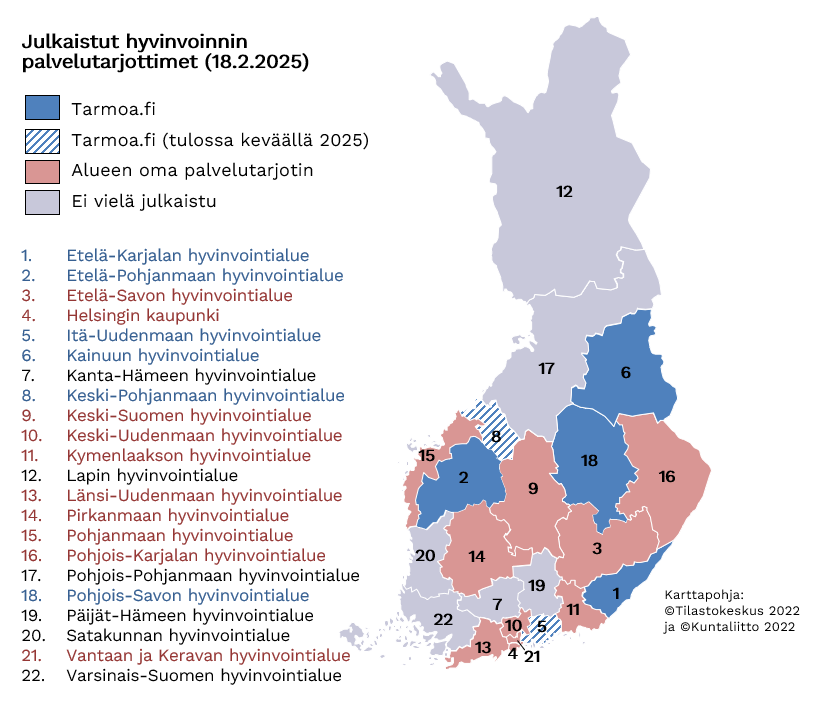 Kuvassa Suomen kartta, johon merkattu sinisellä Tarmoa-palvelun käyttöönottaneet alueet ja punaisella omia palvelutarjottimia käyttöönottaneet alueet. Muut alueet näkyvät harmaalla.