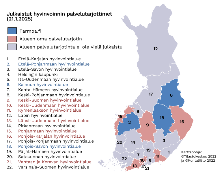 Kuvassa Suomen kartta, johon merkattu sinisellä Tarmoa-palvelun käyttöönottaneet alueet ja punaisella omia palvelutarjottimia käyttöönottaneet alueet. Muut alueet näkyvät harmaalla.