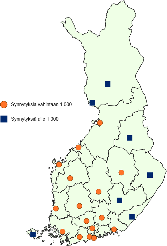2023 alle tuhat synnytystä oli Etelä-Karjalan, Ahvenanmaan, Länsi-Pohjan, Lapin, Mikkelin, Kainuun ja Pohjois-Karjalan keskussairaaloissa.