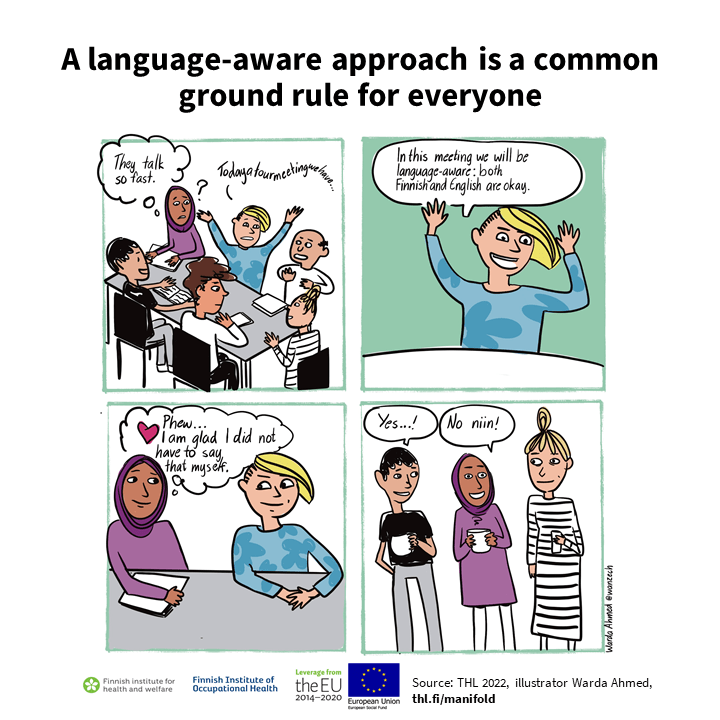 A four-panel comic depicting a meeting situation, with information content explained on the page.