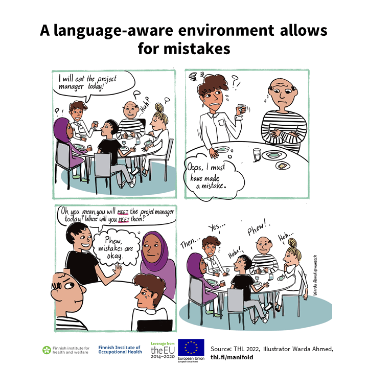 A four-panel comic depicting a misunderstanding at a coffee table. Information content is explained on the page.
