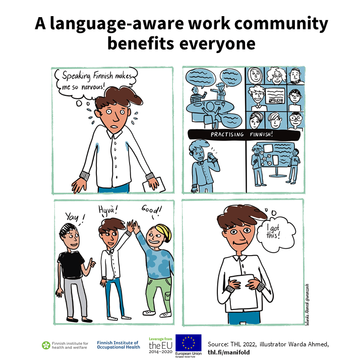 A four-panel comic where an expert ventures to speak a foreign language. Information content is explained on the page.