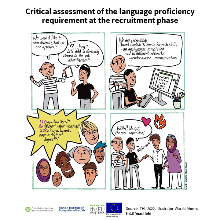 A four-panel comic about a recruitment situation in a work community, with information content explained on the page.