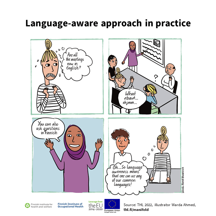 A four-panel comic about the tension that speaking a foreign language can cause. Information content is explained on the page.