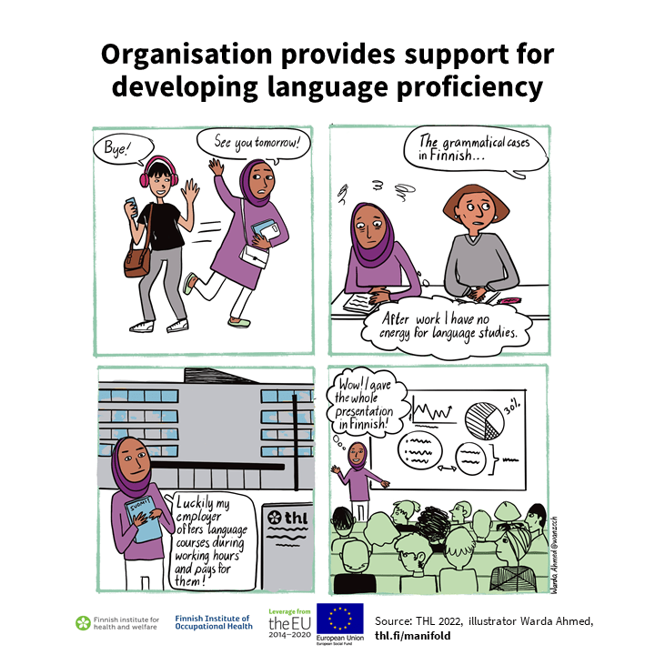 A four-panel comic about language training offered by an employer, with information content explained on the page.