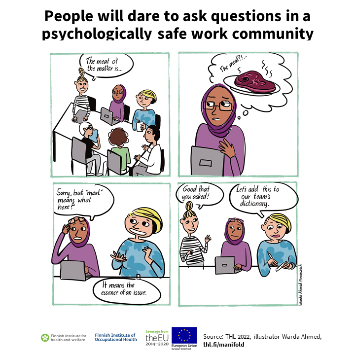 A four-panel comic where an expert asks for help from colleagues. Information content is explained on the page.