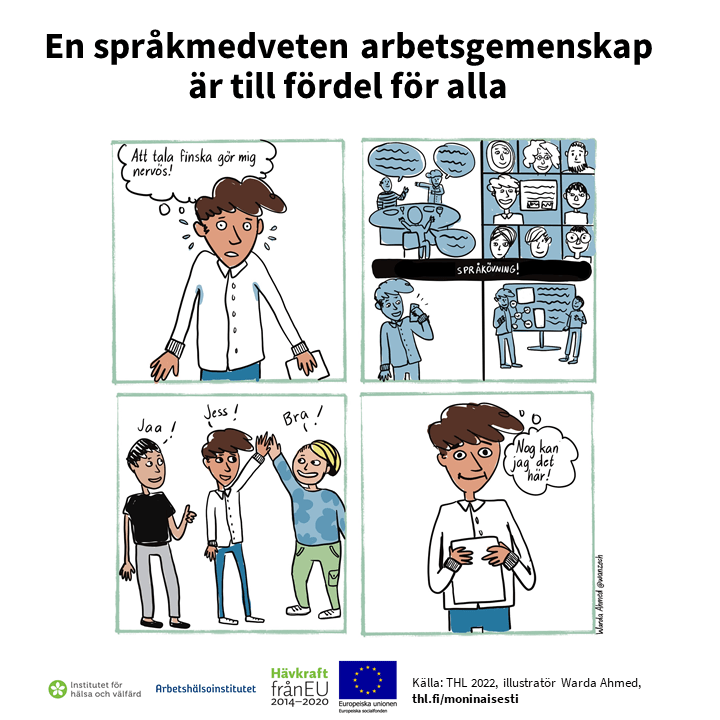 En fyra rutors serie där en expert vågar tala ett främmande språk. Information är förklarad på sidan.