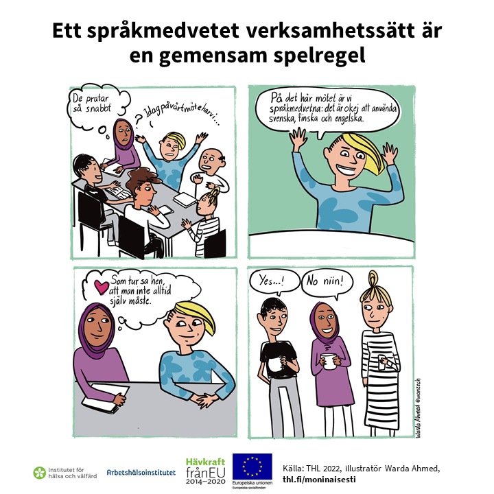 En fyra rutors serie som skildrar en mötessituation, med information förklarad på sidan