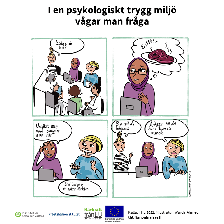 En fyra rutors serie där en expert frågar om hjälp från kollegor. Information är förklarad på sidan.