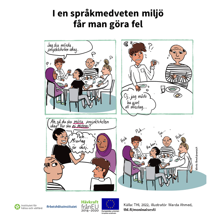 En fyra rutors serie som skildrar ett missförstånd vid kaffebordet. Information är förklarad på sidan.