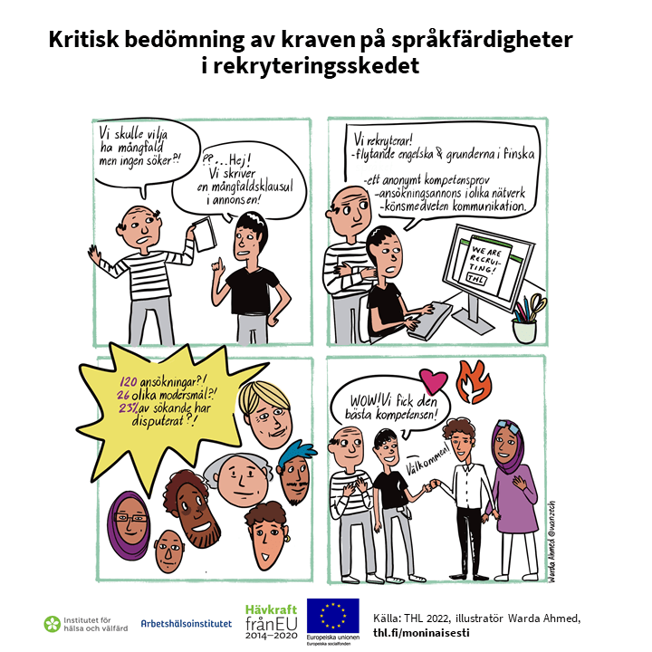 En fyra rutors serie om en rekryteringssituation i en arbetsgemenskap, med information förklarad på sidan.