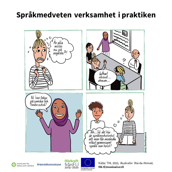 En fyra rutors serie om spänningen som att tala ett främmande språk kan orsaka. Information är förklarad på sidan.