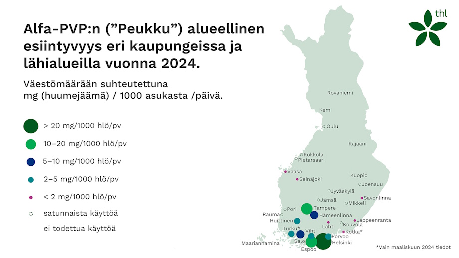 Karttakuva, jossa havainnollistettu Alfa-PVP:n esiintyvyys Suomen eri kaupungeissa ja lähialueilla vuonna 2024.