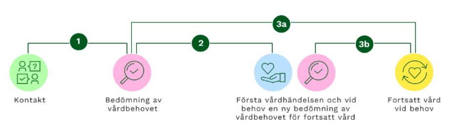 Man följer upp tillgången till vård från olika tidpunkter: kontakt, bedömning av vårdbehovet och vårdhändelser (första och fortsatta vård).