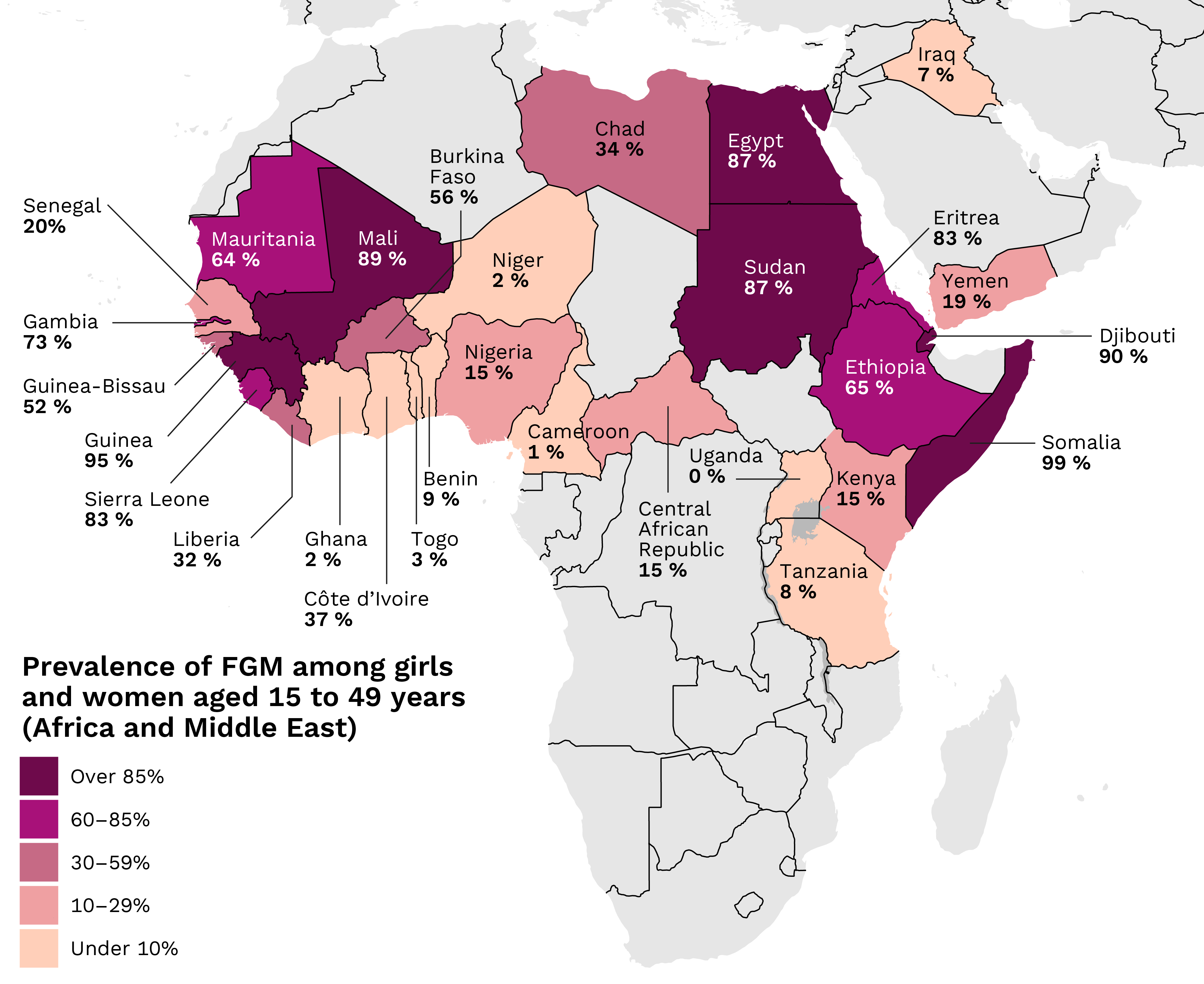Map where countries are divided into five colour categories according to prevalence. A prevalence above 85 per cent is found in Somalia (99%), Guinea (95%), Djibouti (90%), Mali (89%), and in Egypt and Sudan (87%). The 60–85 per cent category includes Eritrea and Sierra Leone (83%), Gambia (73%), Ethiopia (65%) and Mauritania (64%). The 30–59 per cent category includes Burkina Faso (56%), Guinea Bissau (52%), Côte d’Ivoire (37%), Chad (34%) and Liberia (32%). The 10–29 per cent category includes the Central African Republic (22%), Senegal (20%), Yemen (19%), and Nigeria and Kenya (15%). A prevalence below 10 per cent is found in Benin (9%), Tanzania (8%), Iraq (7%), Togo (3%), Ghana and Niger (2%), Cameroon (1%) and Uganda (0%).