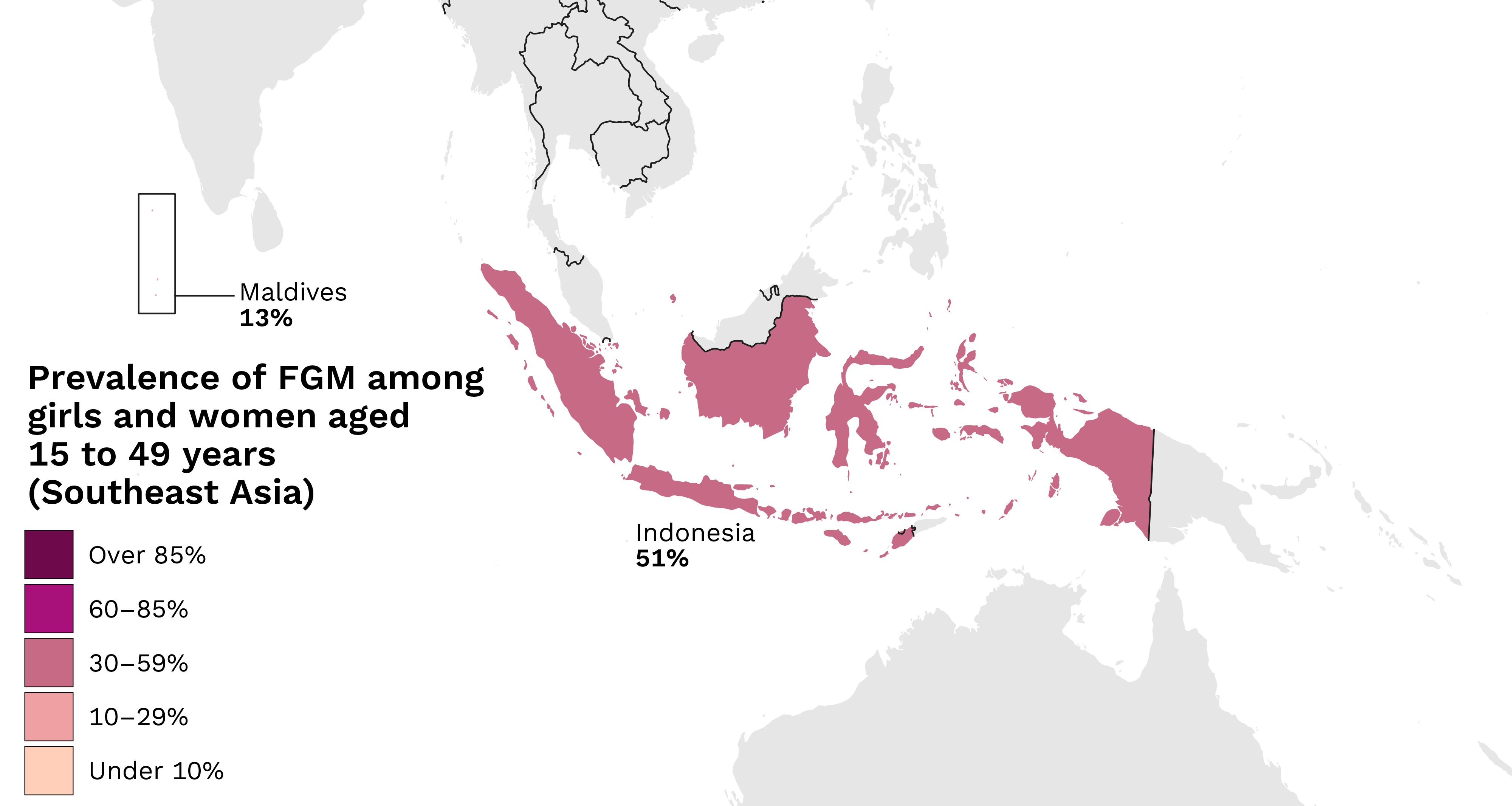 Map where countries are divided into five colour categories according to prevalence. The 30–59 per cent category includes Indonesia (51%). The 10–29 per cent category includes the Maldives (13%).