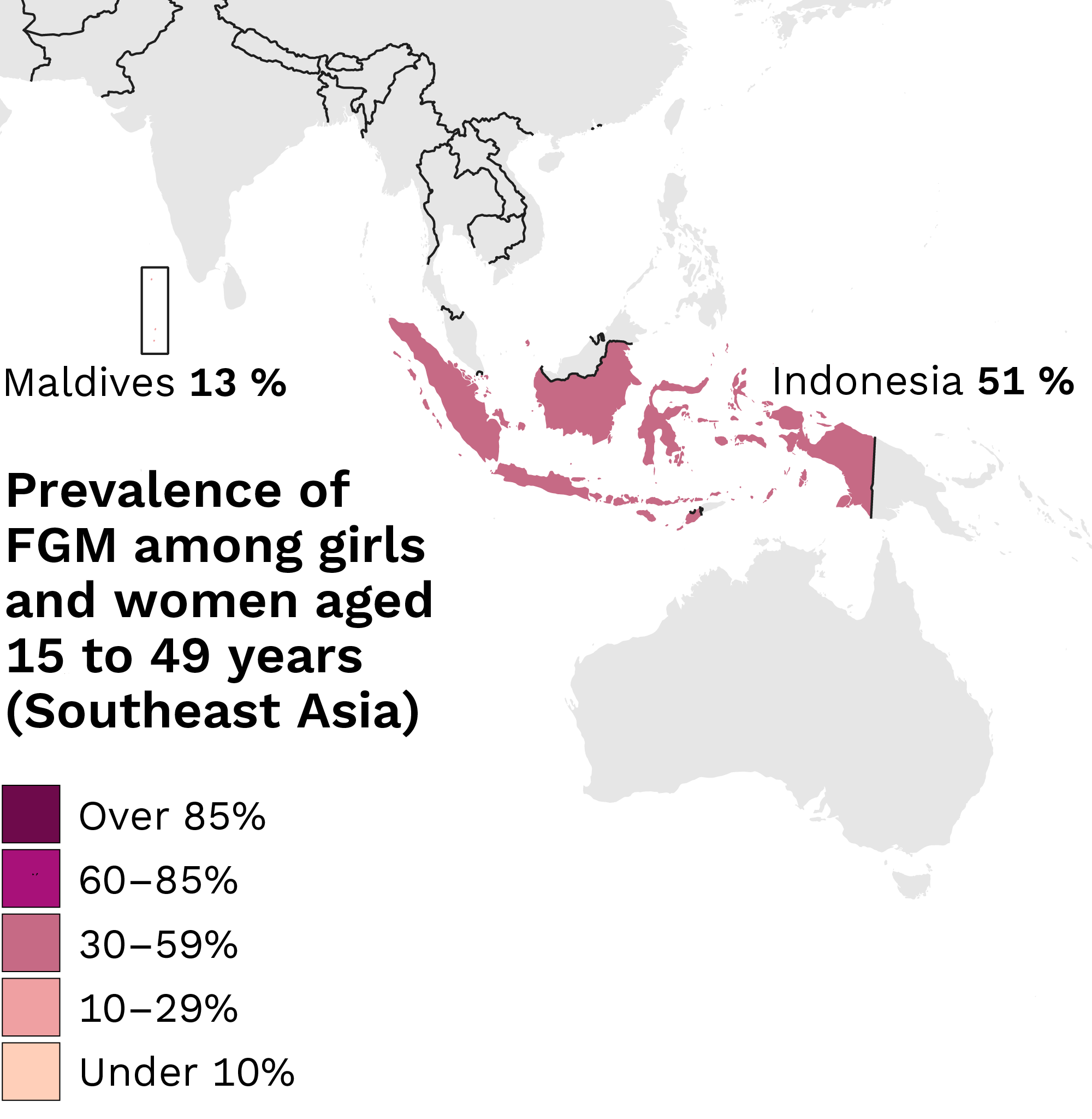 Map where countries are divided into five colour categories according to prevalence. The 30–59 per cent category includes Indonesia (51%). The 10–29 per cent category includes the Maldives (13%).