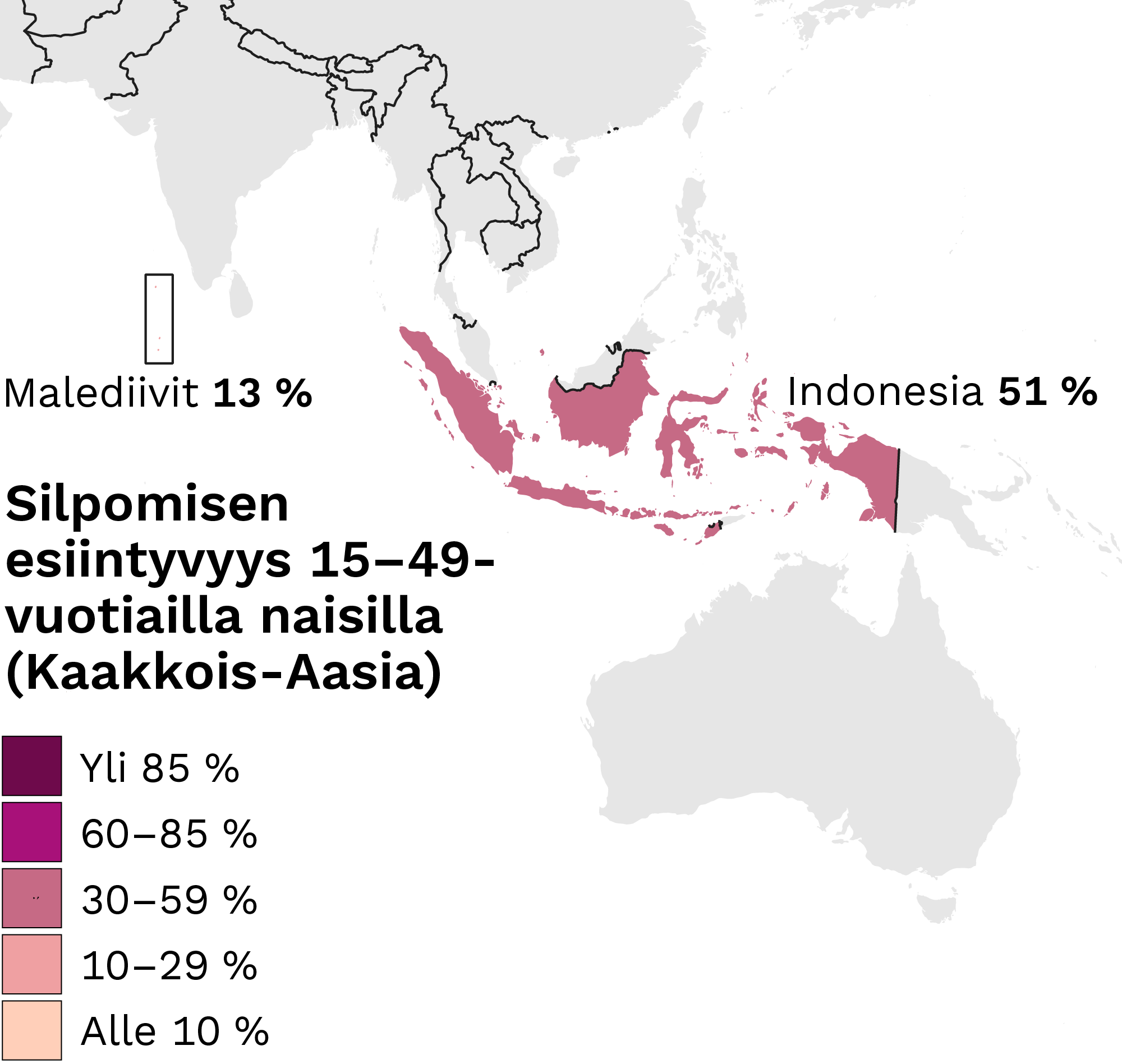 Kartta, jossa maat on jaettu viiteen väriluokkaan esiintyvyyden mukaan. Luokassa 30–59 prosenttia on Indonesia (51 %). Luokassa 10–29 prosenttia on Malediivit (13 %).