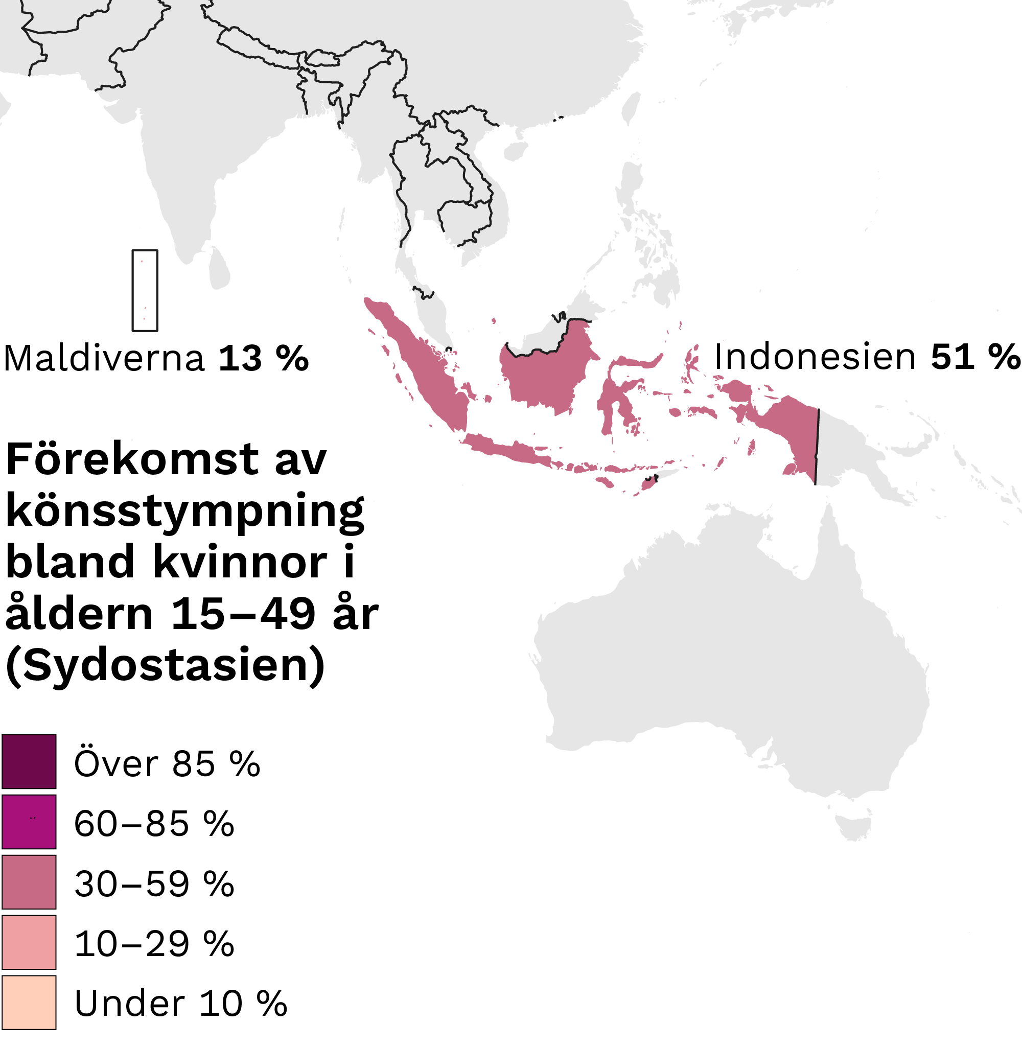 Karta där länderna är indelade i fem färgklasser enligt förekomst. I klassen 30–59 procent ingår Indonesien (51 %). I klassen 10–29 procent ingår Maldiverna (13 %).