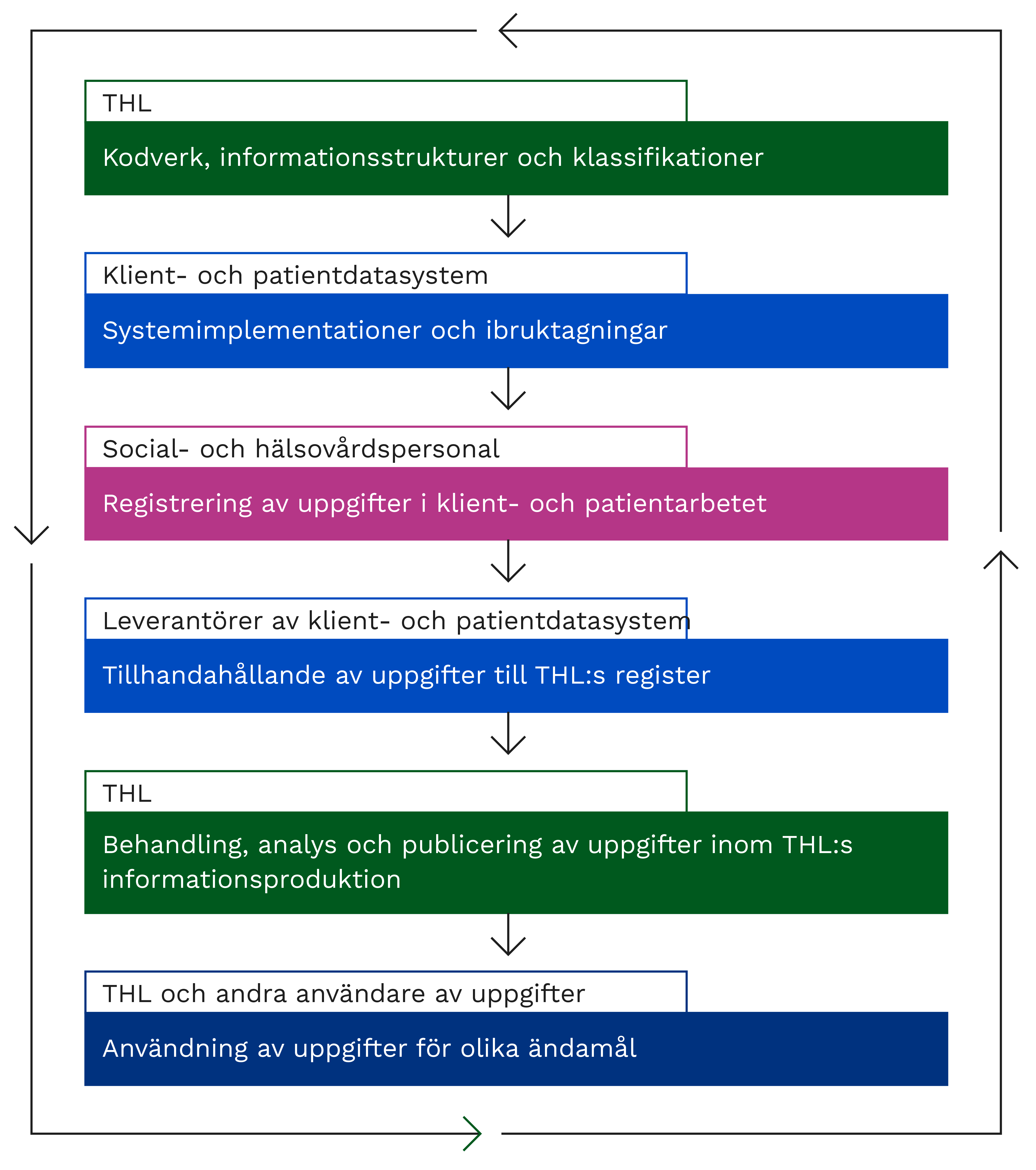 Bild av faser i datalivscykeln där datakvaliteten påverkas. Faserna beskrivs i sidans text.