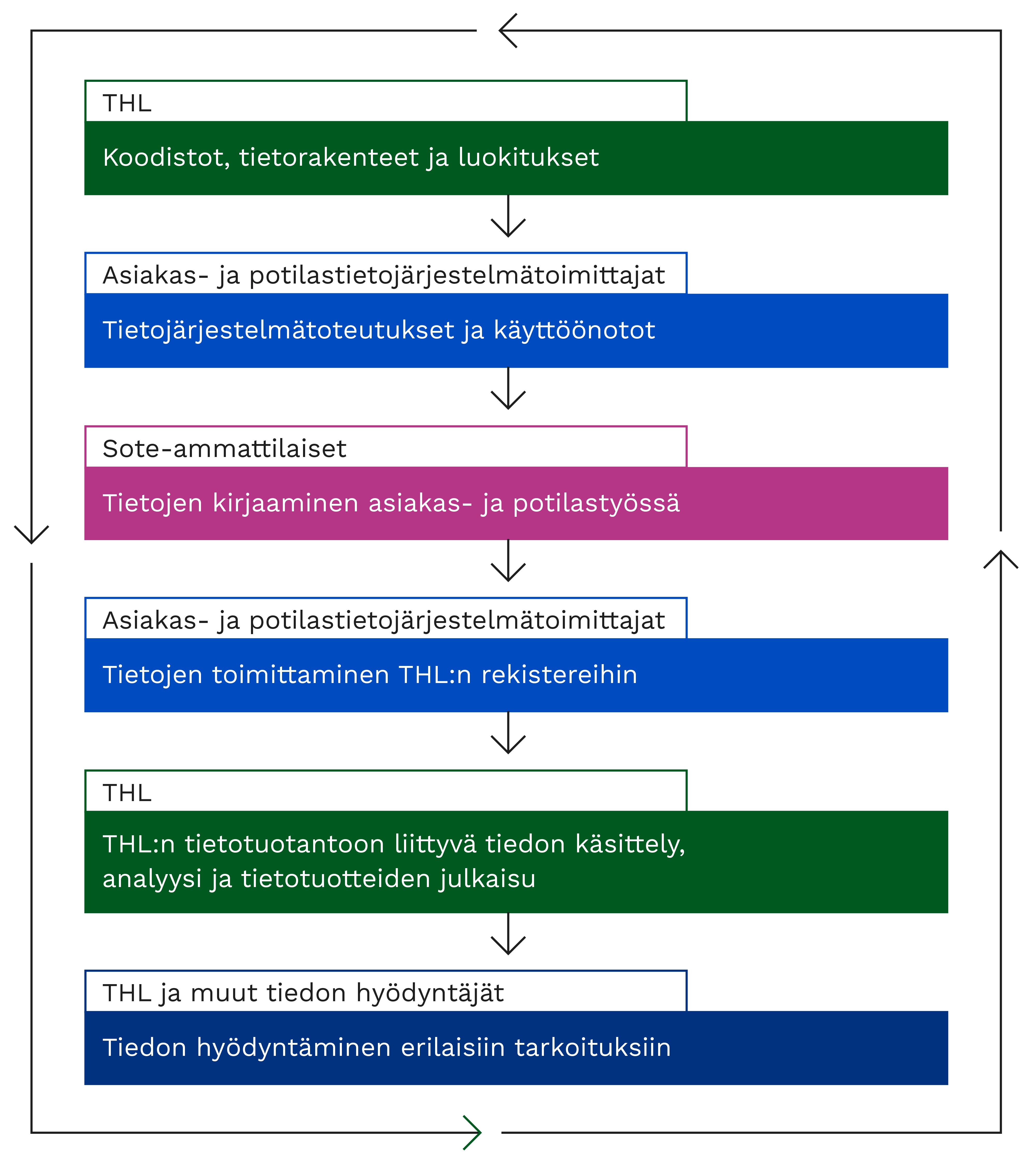 Kuva tiedon elinkaaren vaiheista, joissa vaikutetaan tiedon laatuun. Vaiheiden sisältö kuvataan sivun tekstissä.