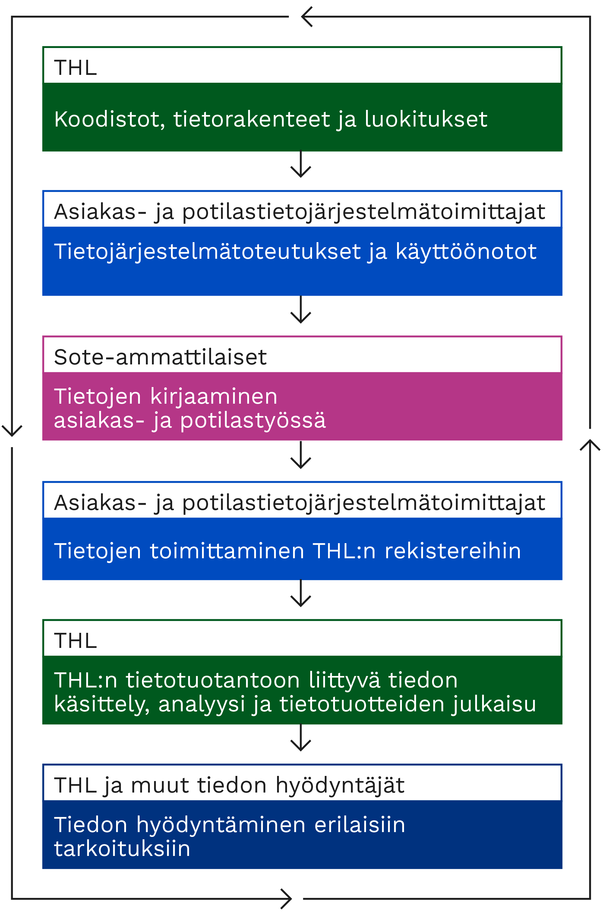 Kuva tiedon elinkaaren vaiheista, joissa vaikutetaan tiedon laatuun. Vaiheiden sisältö kuvataan sivun tekstissä.